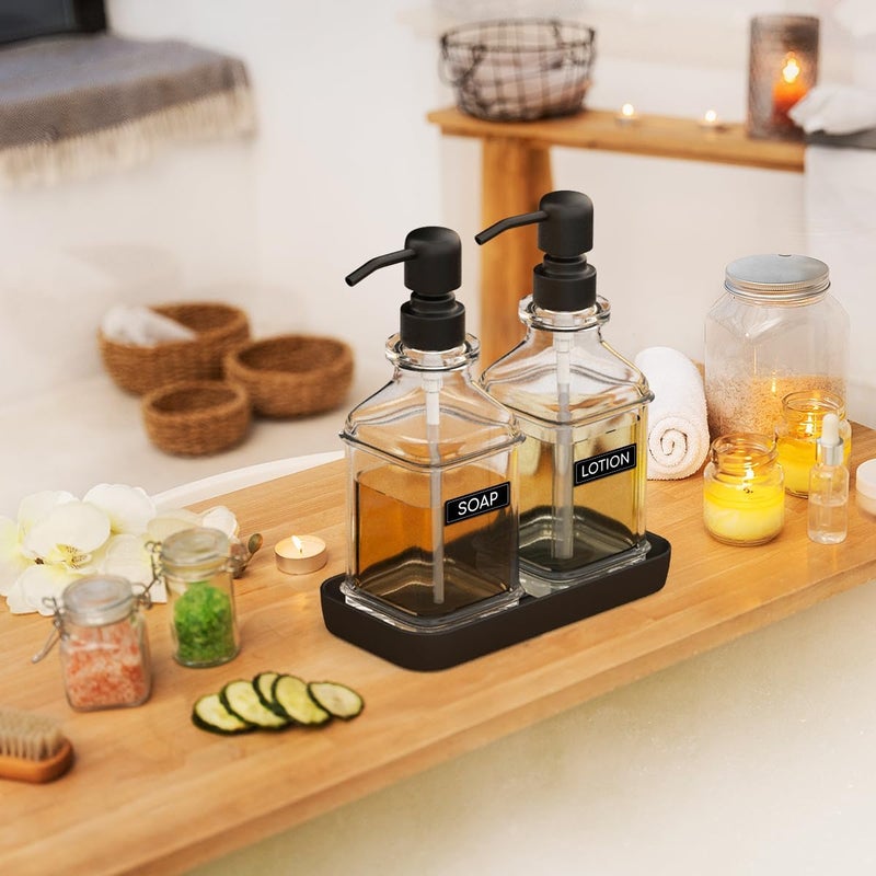 LMQML Soap Dispenser - 2 Pack, Antique Design Thick Glass Hand Soap Dispensers with Sturdy Tray; 304 Rust Proof Stainless Steel Black Pump, 12Pcs Stickers, for Kitchen, Bathroom - Image 5